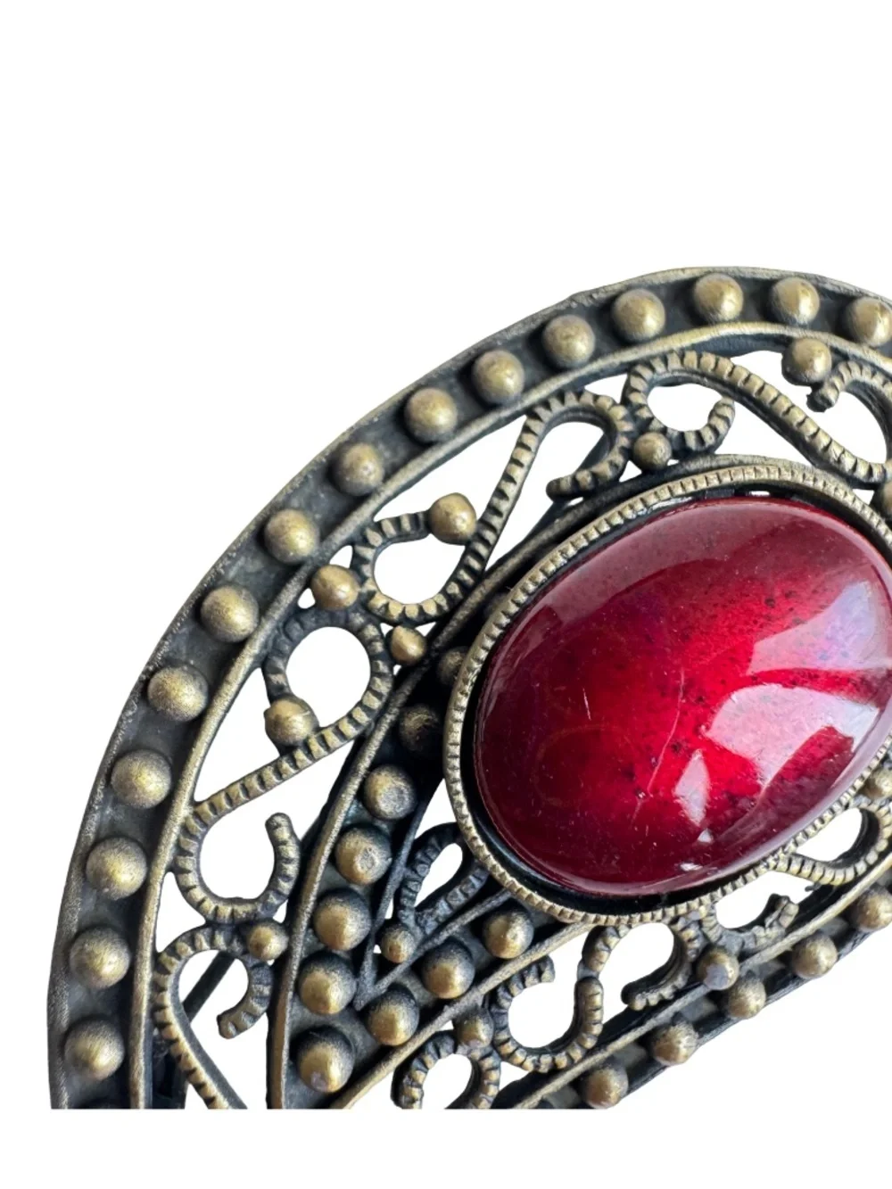 Vintage Japanese Cloisonne Brooch Red Enamel Paisley Brass Tone Filigree Pin